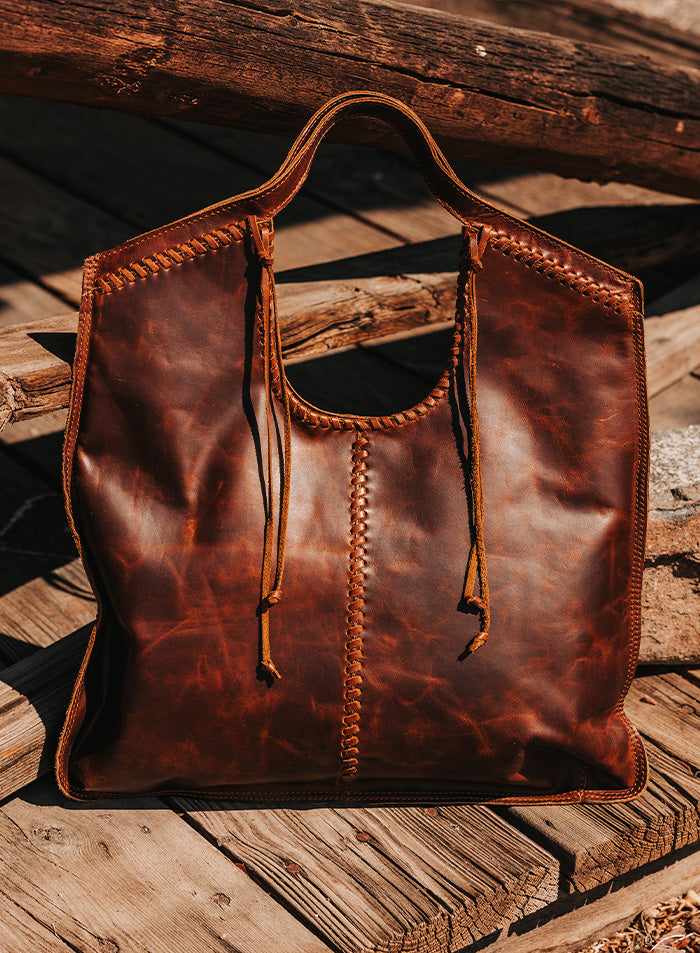 tulum carryall stitched leather tote bag cognac
