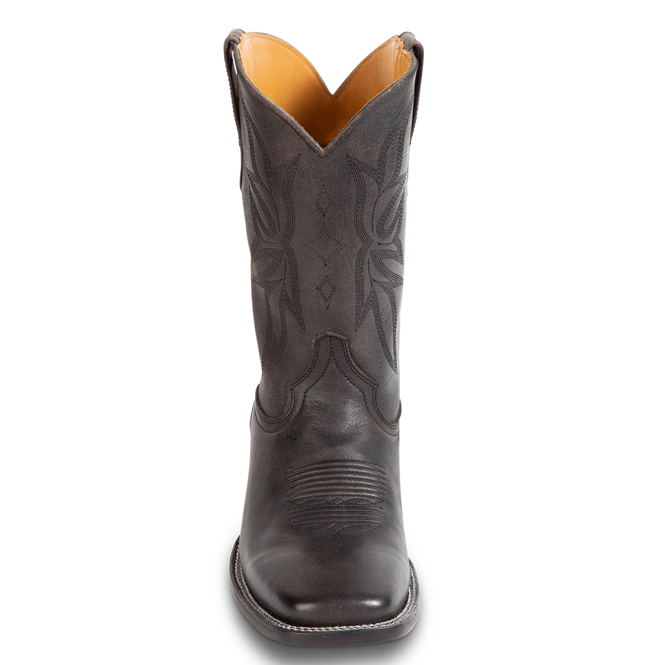 Front view showing FREEBIRD men's Union black leather boot with leather pull straps, traditional stitching and square toe construction