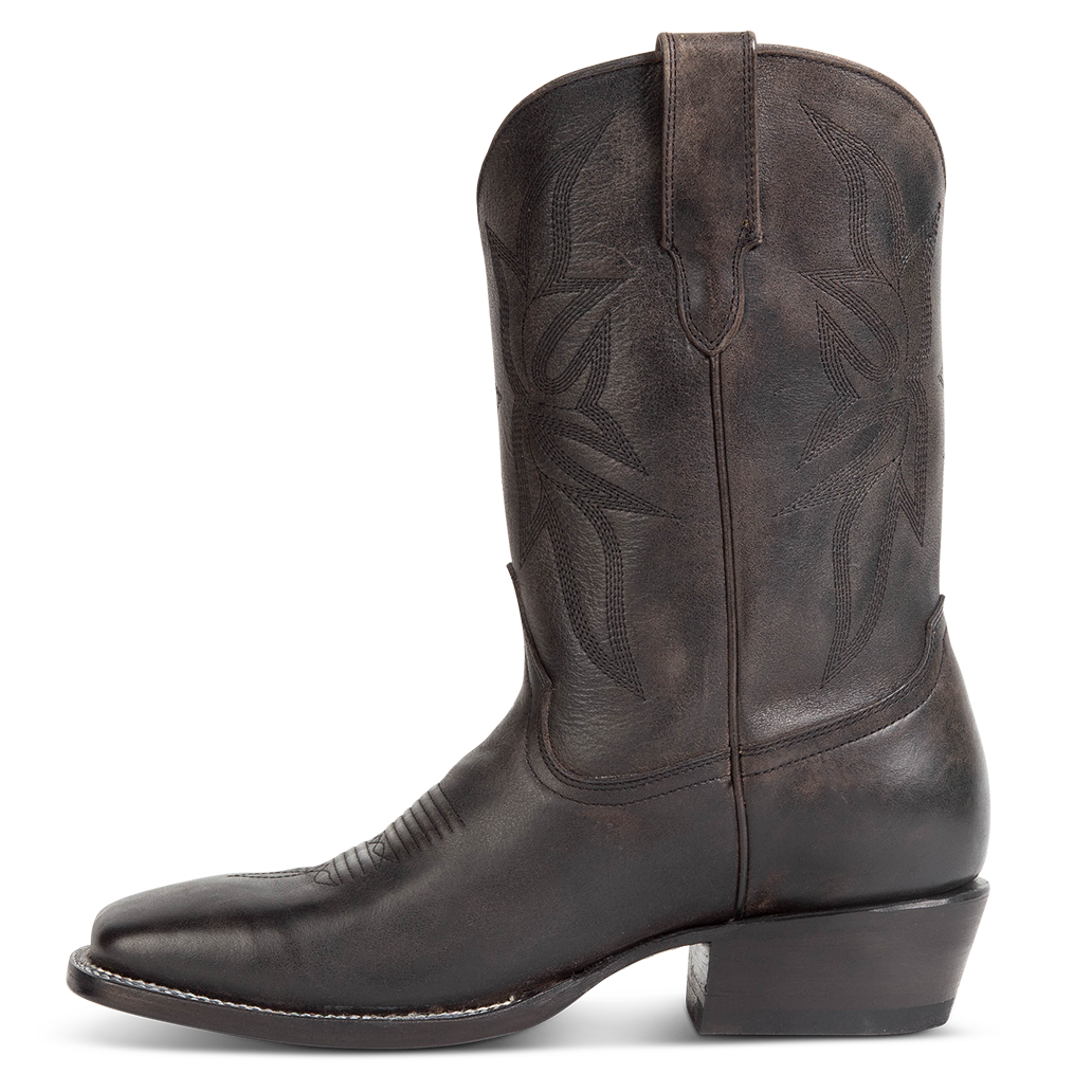 Inside view FREEBIRD men's Union black leather boot with leather pull straps, traditional stitching and square toe construction