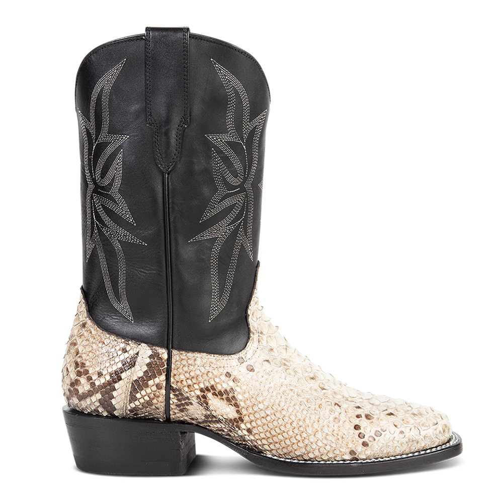 FREEBIRD men's Union black/white python leather boot with leather pull straps, traditional stitching and square toe construction