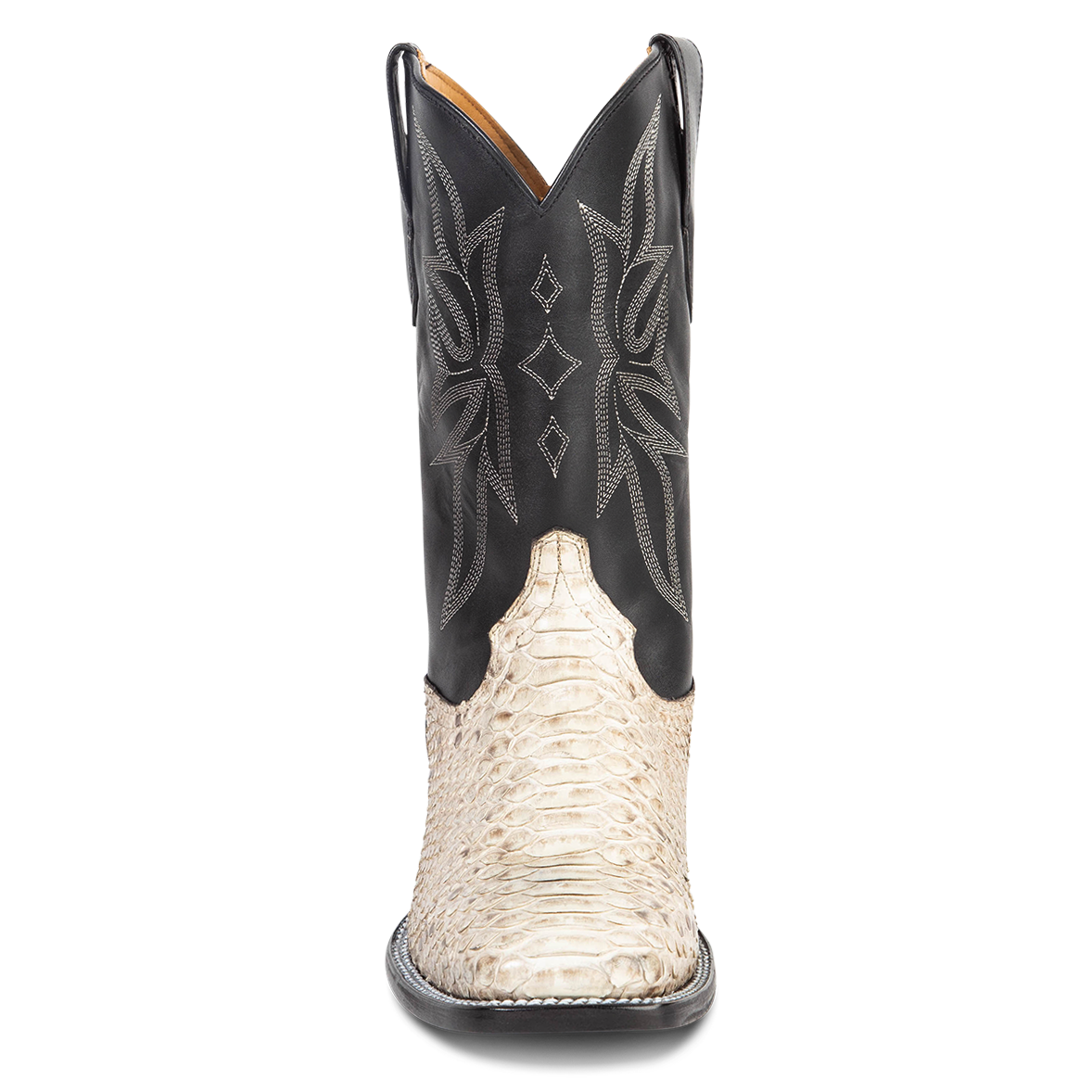 Front view showing FREEBIRD men's Union black/white python leather boot with leather pull straps, traditional stitching and square toe construction