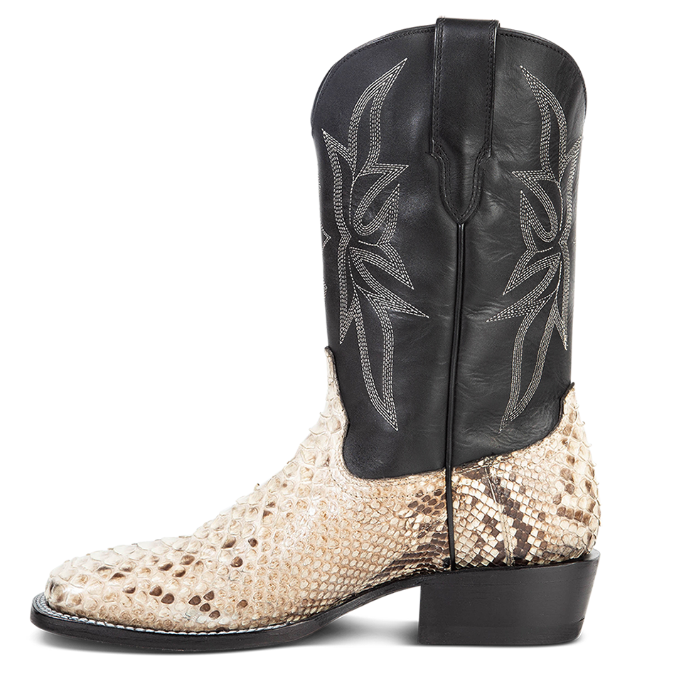 Inside view showing FREEBIRD men's Union black/white python leather boot with leather pull straps, traditional stitching and square toe construction