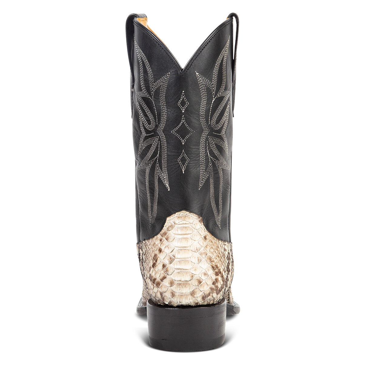 Back view showing FREEBIRD men's Union black/white python leather boot with leather pull straps, traditional stitching and square toe construction