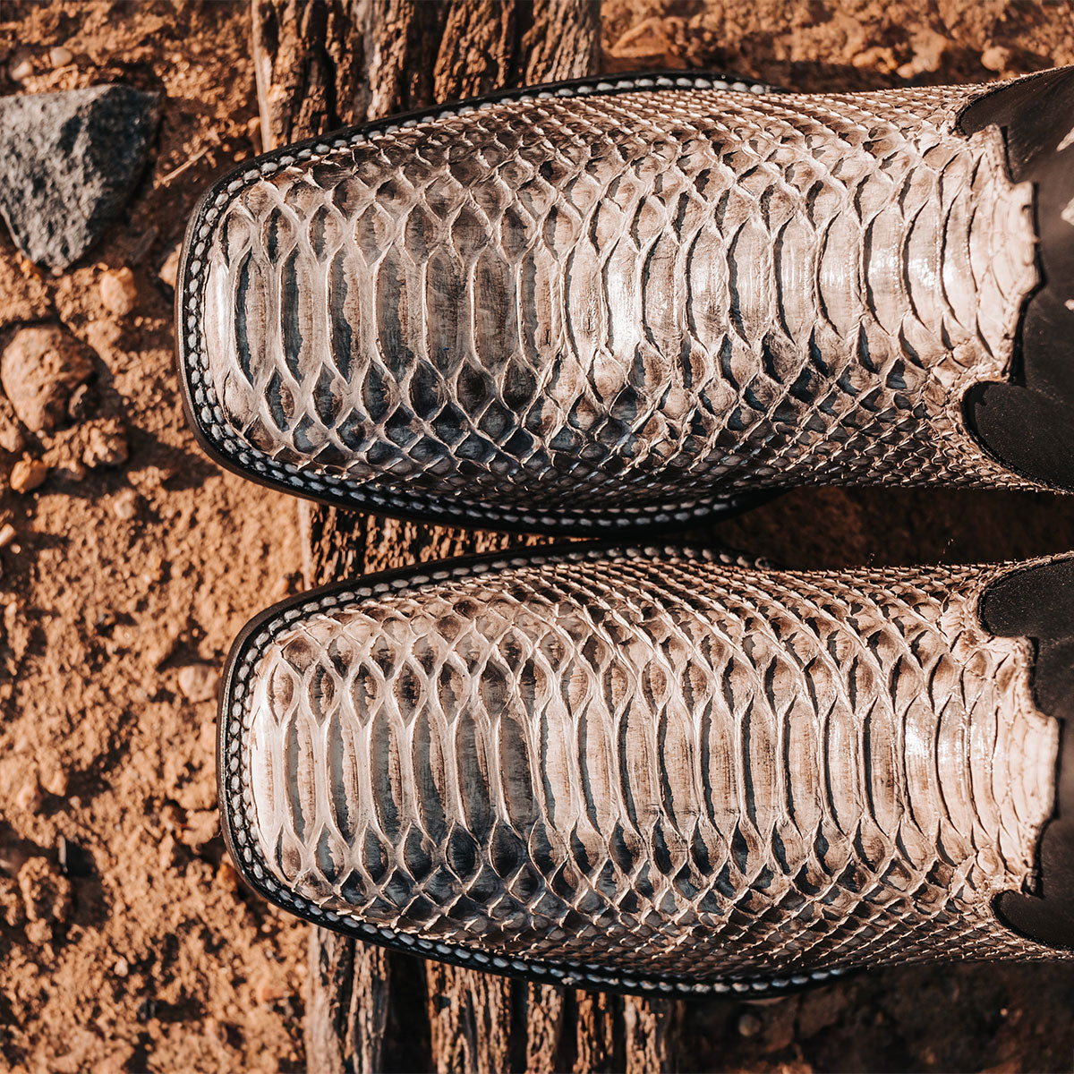 FREEBIRD men's Union black/white python leather boot with leather pull straps, traditional stitching and square toe construction