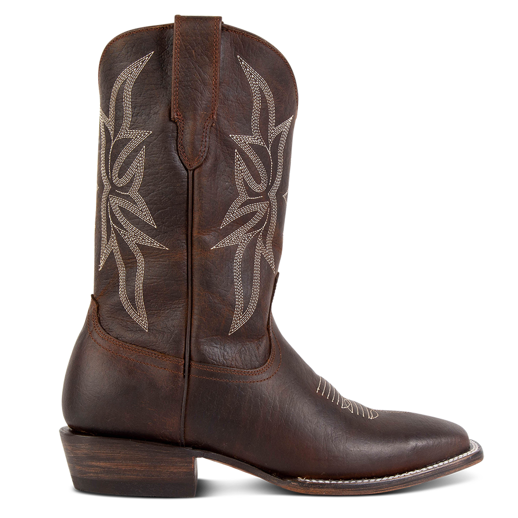 FREEBIRD men's Union brown leather leather boot with leather pull straps, traditional stitching and square toe construction