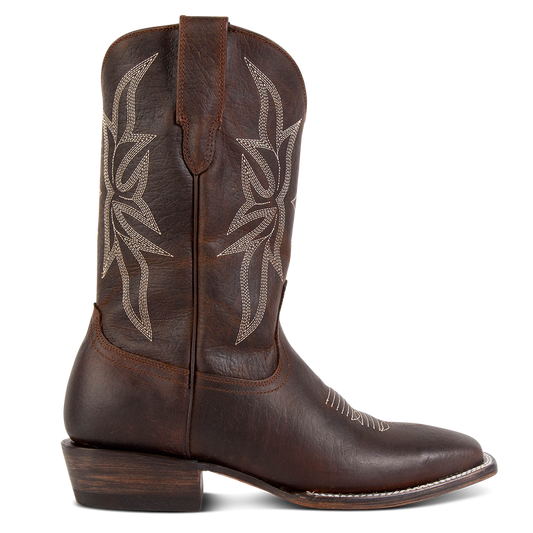 FREEBIRD men's Union brown leather leather boot with leather pull straps, traditional stitching and square toe construction