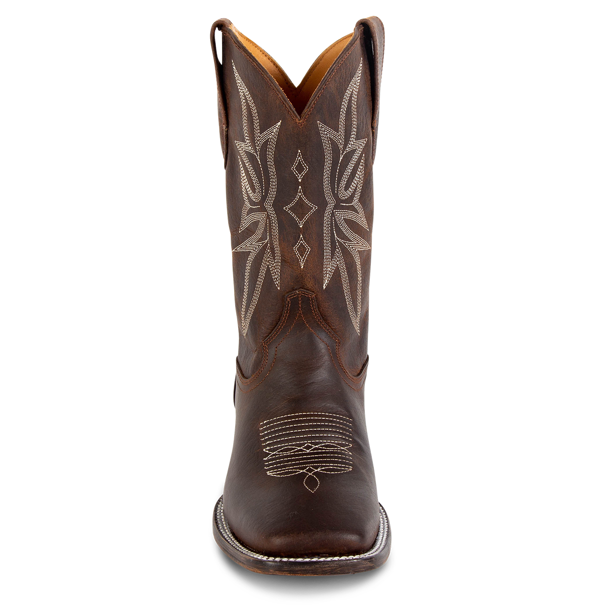 Front view showing FREEBIRD men's Union brown leather leather boot with leather pull straps, traditional stitching and square toe construction