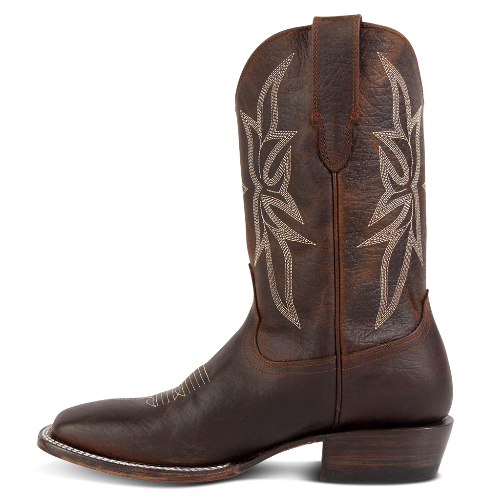 Inside view showing FREEBIRD men's Union brown leather leather boot with leather pull straps, traditional stitching and square toe construction