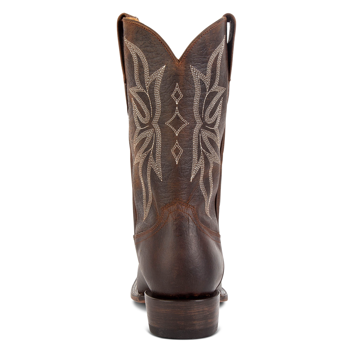 Back view showing FREEBIRD men's Union brown leather leather boot with leather pull straps, traditional stitching and square toe construction