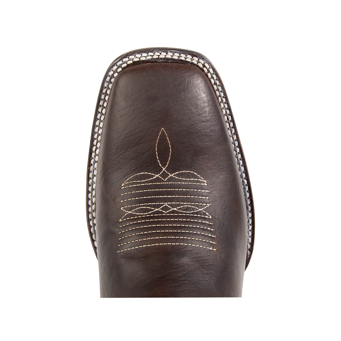 Top view showing square toe construction on FREEBIRD men's brown leather ostrich leather boot