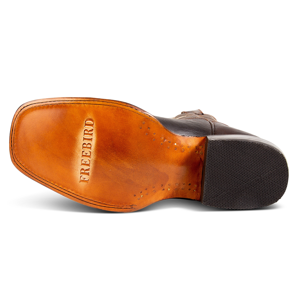 Leather sole imprinted with FREEBIRD on men's Union brown leather leather boot