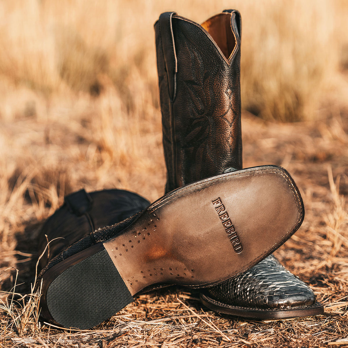 FREEBIRD men's Union steel python leather boot with leather pull straps, traditional stitching and square toe construction