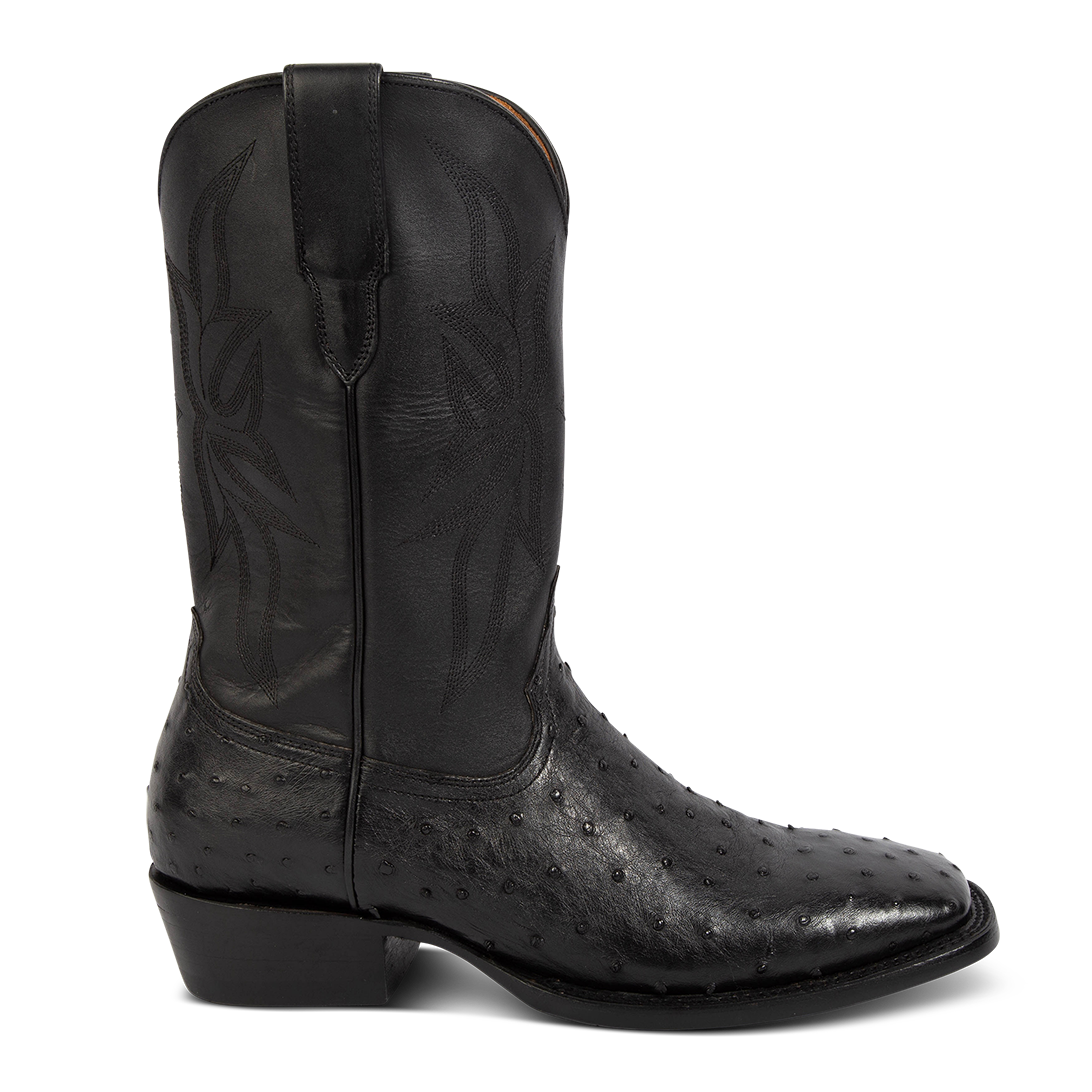 FREEBIRD men's Union black ostrich leather boot with leather pull straps, traditional stitching and square toe construction