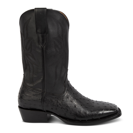 FREEBIRD men's Union black ostrich leather boot with leather pull straps, traditional stitching and square toe construction