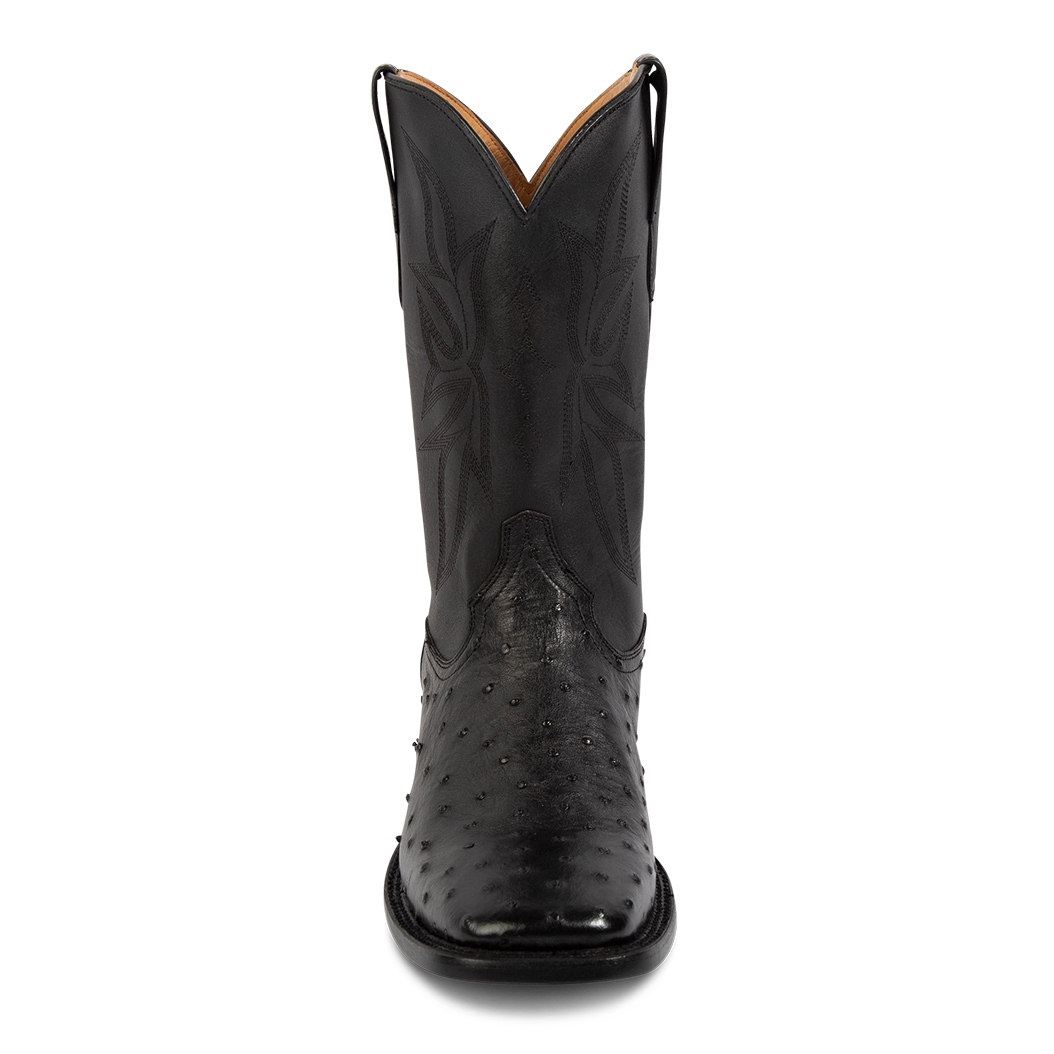 Front view showing FREEBIRD men's Union black ostrich leather boot with leather pull straps, traditional stitching and square toe construction