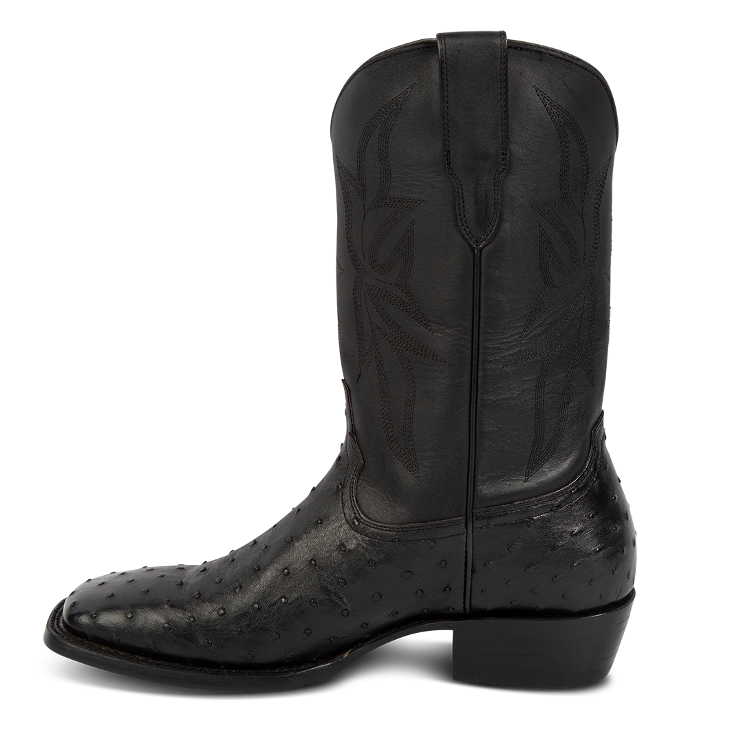 Inside view showing FREEBIRD men's Union black ostrich leather boot with leather pull straps, traditional stitching and square toe construction