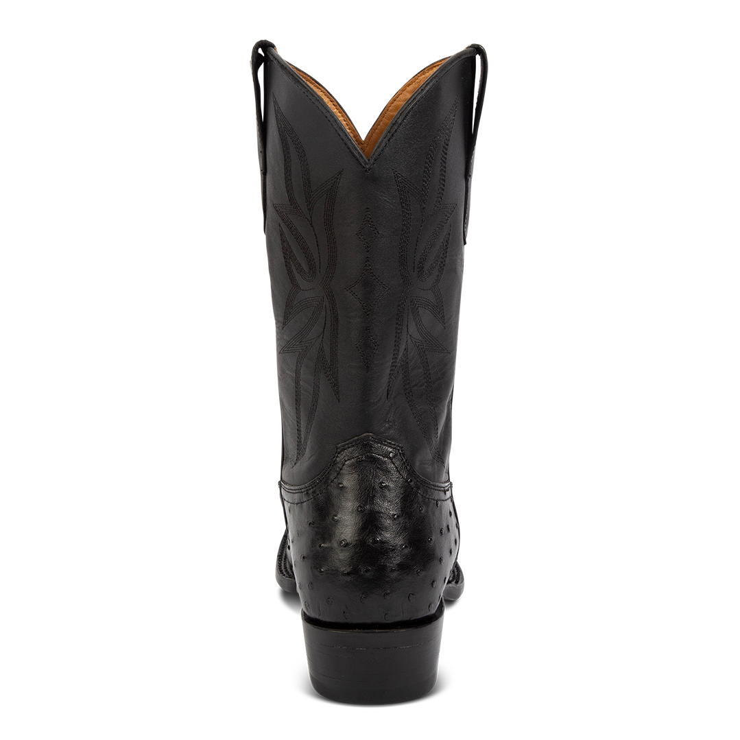 Back view showing FREEBIRD men's Union black ostrich leather boot with leather pull straps, traditional stitching and square toe construction