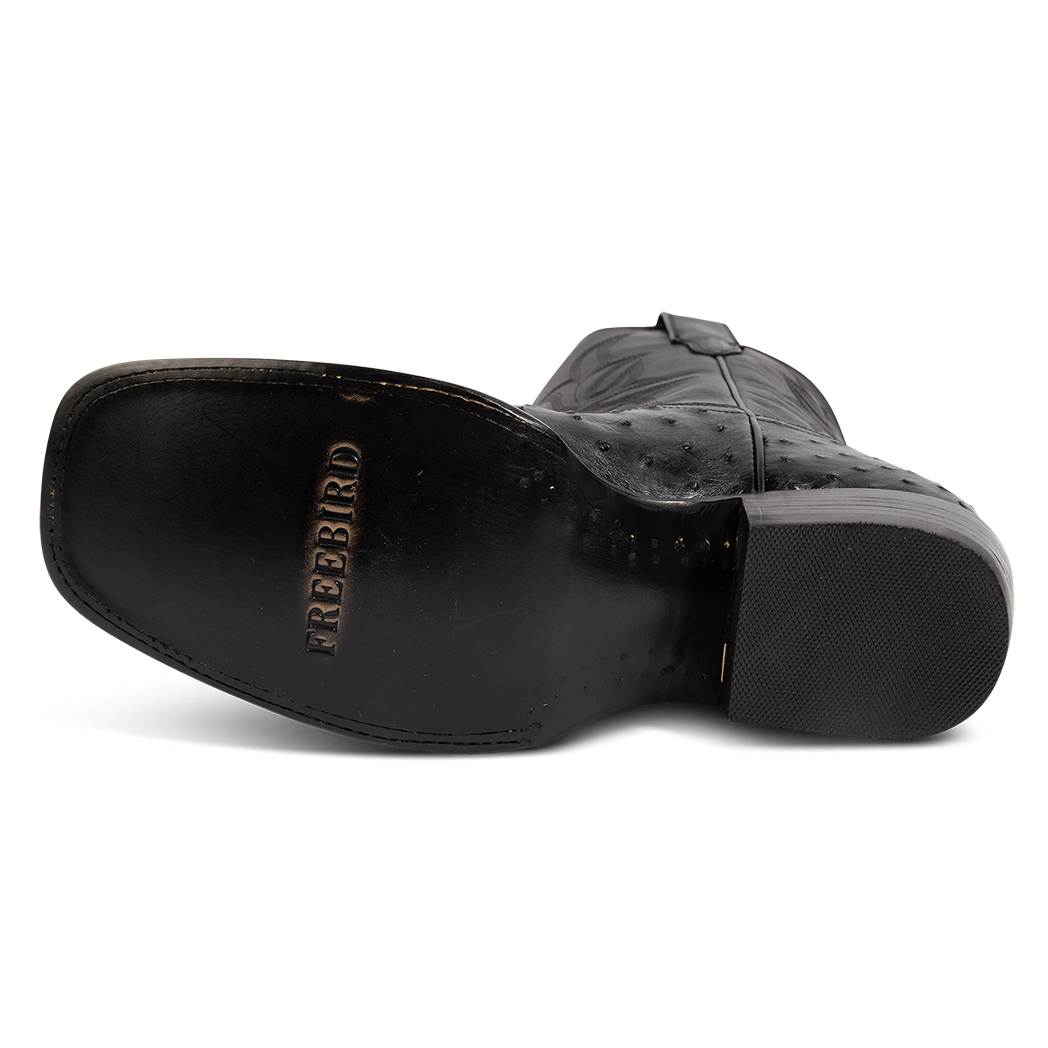 Leather sole imprinted with FREEBIRD on men's Union black ostrich leather boot
