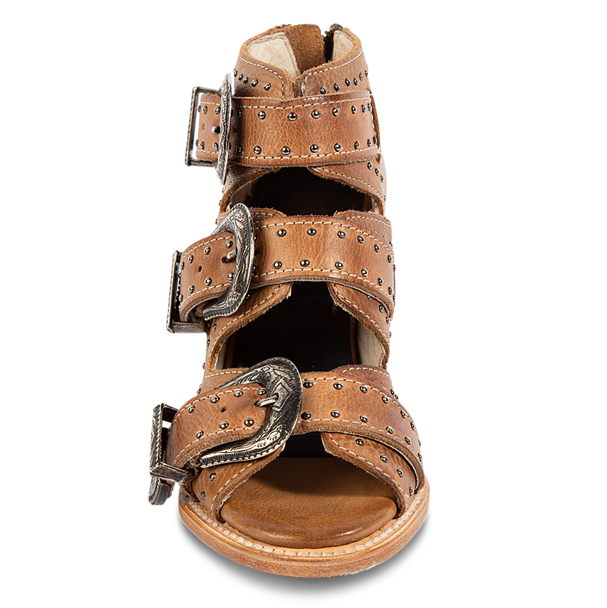 Front view showing adjustable shaft belts and studded embellishments on FREEBIRD women's Violet wheat leather sandal