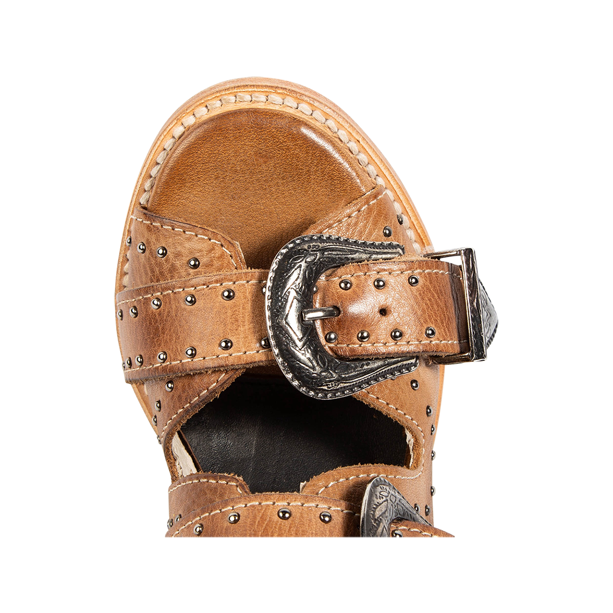 Top view showing a rounded toe and shaft buckles on FREEBIRD women's Violet wheat leather sandal