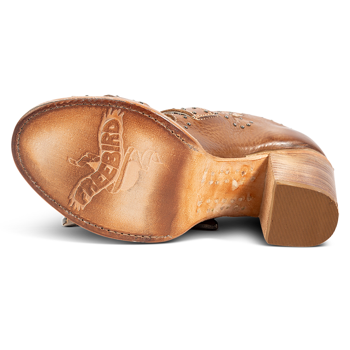 Leather sole imprinted with FREEBIRD on Violet women's wheat leather sandal
