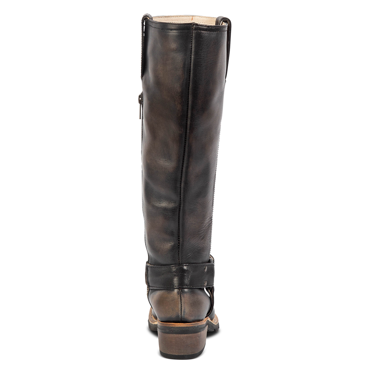 Back view showing low heel on FREEBIRD women's Wagner black tall moto boot