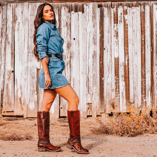 FREEBIRD women's Wagner cognac rubber tire tread ankle harness tall moto boot lifestyle