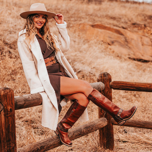 FREEBIRD women's Wagner cognac rubber tire tread ankle harness tall moto boot lifestyle