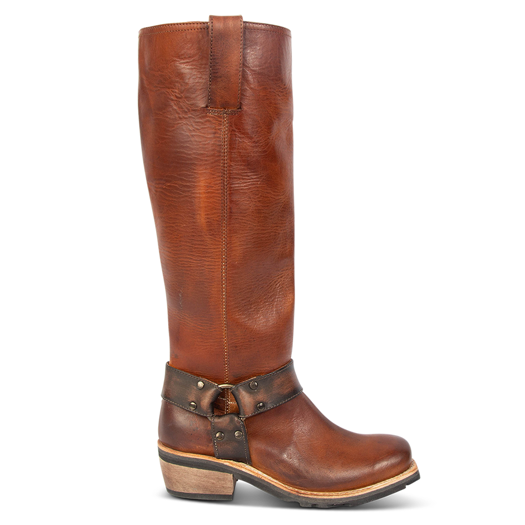 FREEBIRD women's Wagner cognac rubber tire tread ankle harness tall moto boot