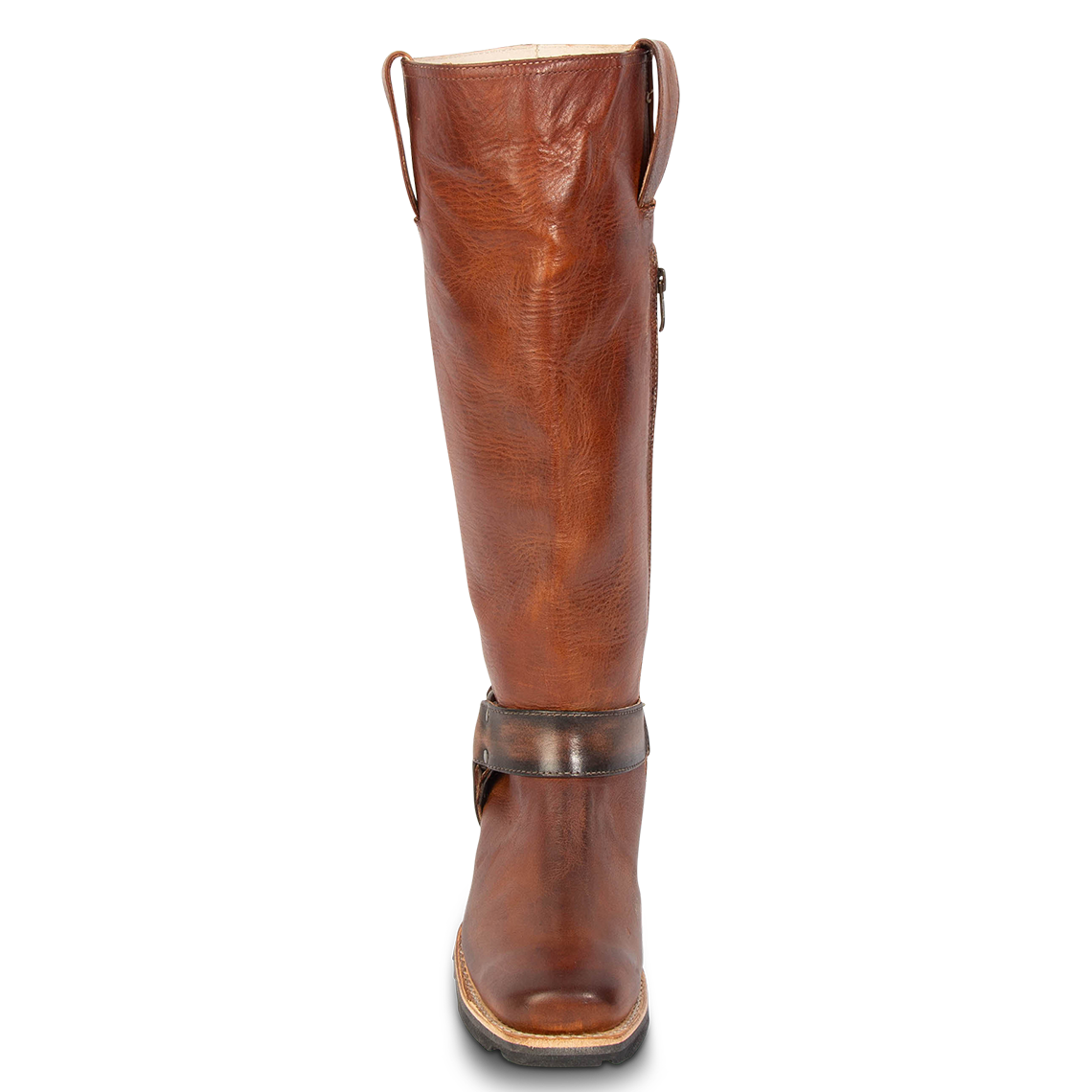 Front view showing leather ankle harness on FREEBIRD women's Wagner cognac tall moto boot