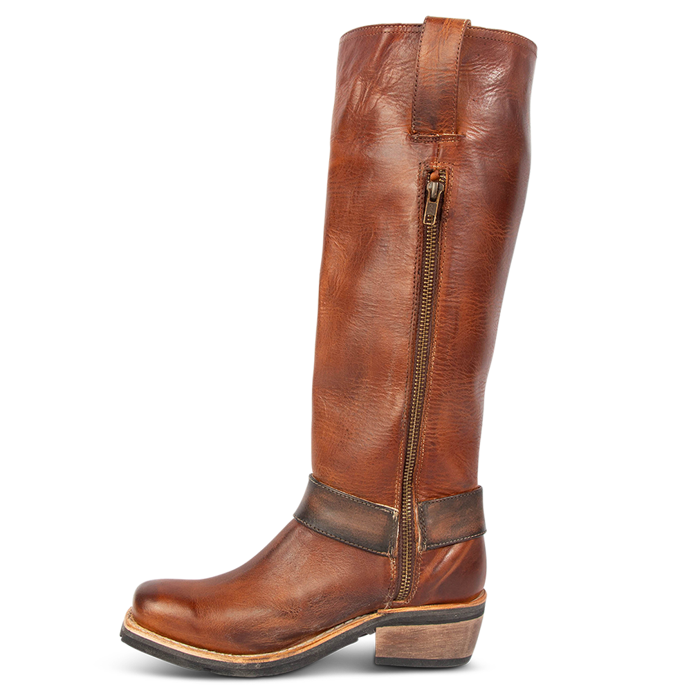 Inside view showing inside zipper closure on FREEBIRD women's Wagner cognac tall moto boot