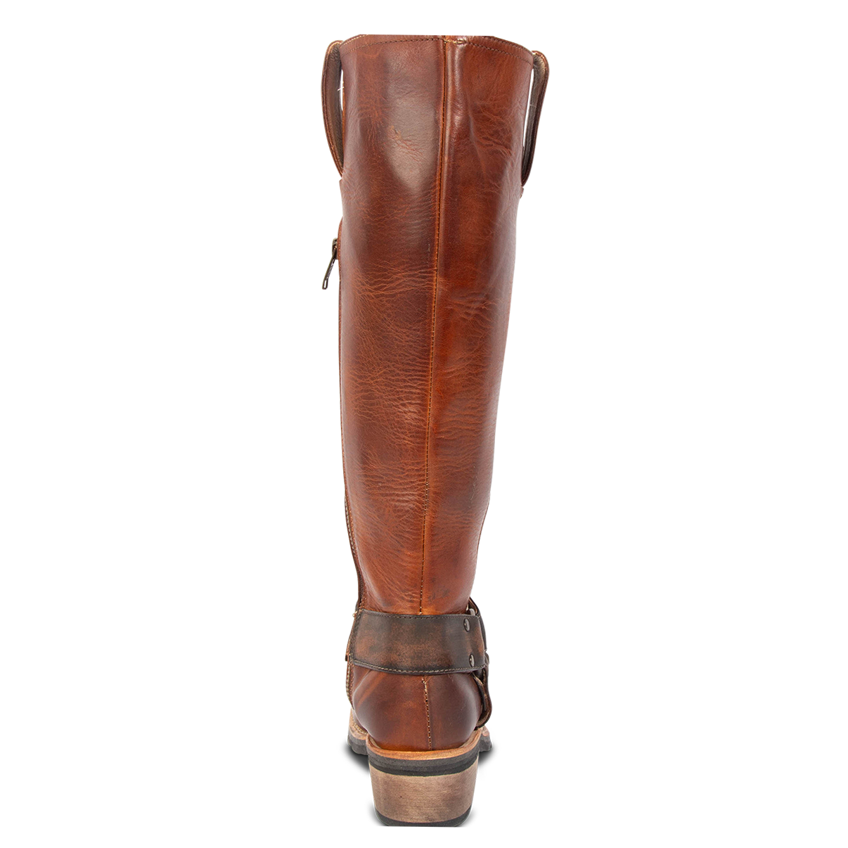 Back view showing low heel on FREEBIRD women's Wagner cognac tall moto boot