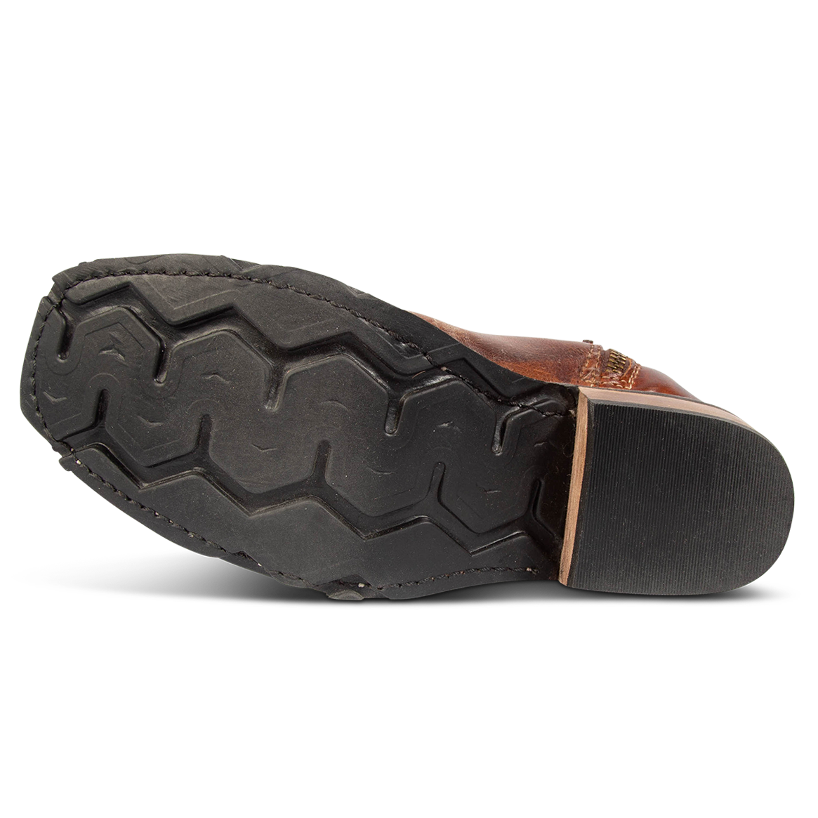 Tire tread sole on FREEBIRD women's Wagner cognac ankle bootie tall moto boot