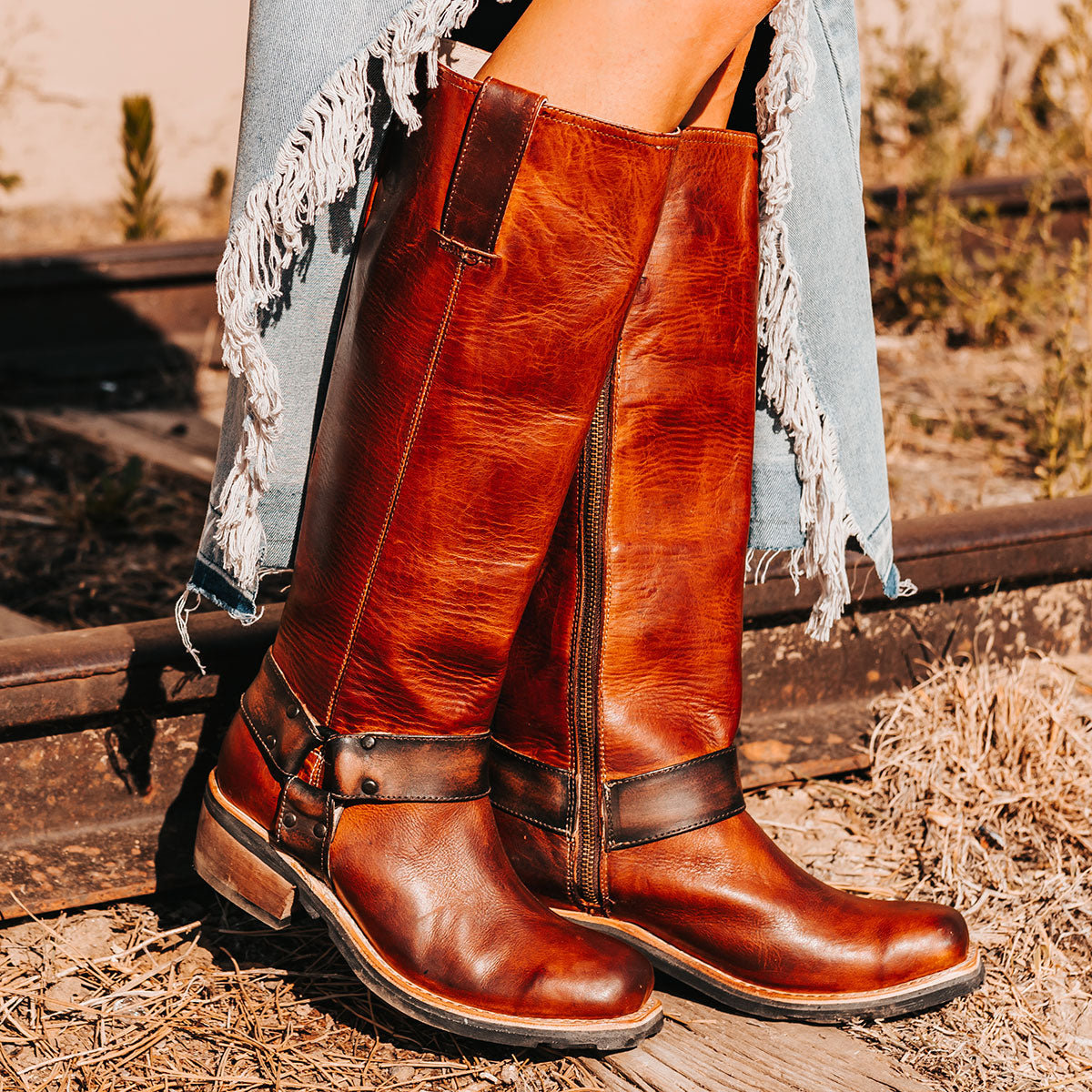 FREEBIRD women's Wagner cognac rubber tire tread ankle harness tall moto boot