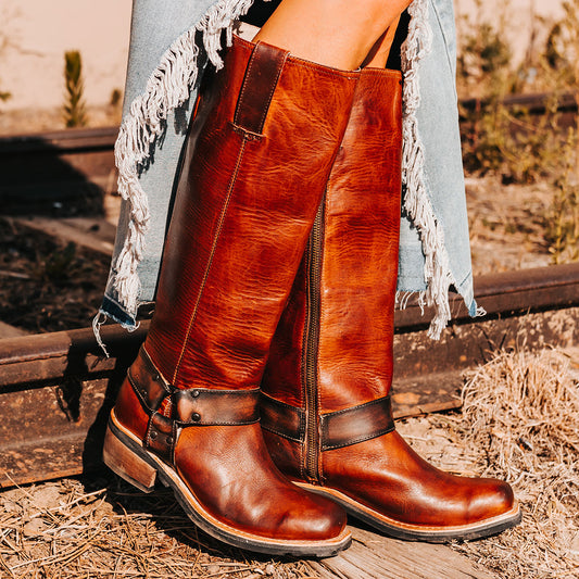 FREEBIRD women's Wagner cognac rubber tire tread ankle harness tall moto boot