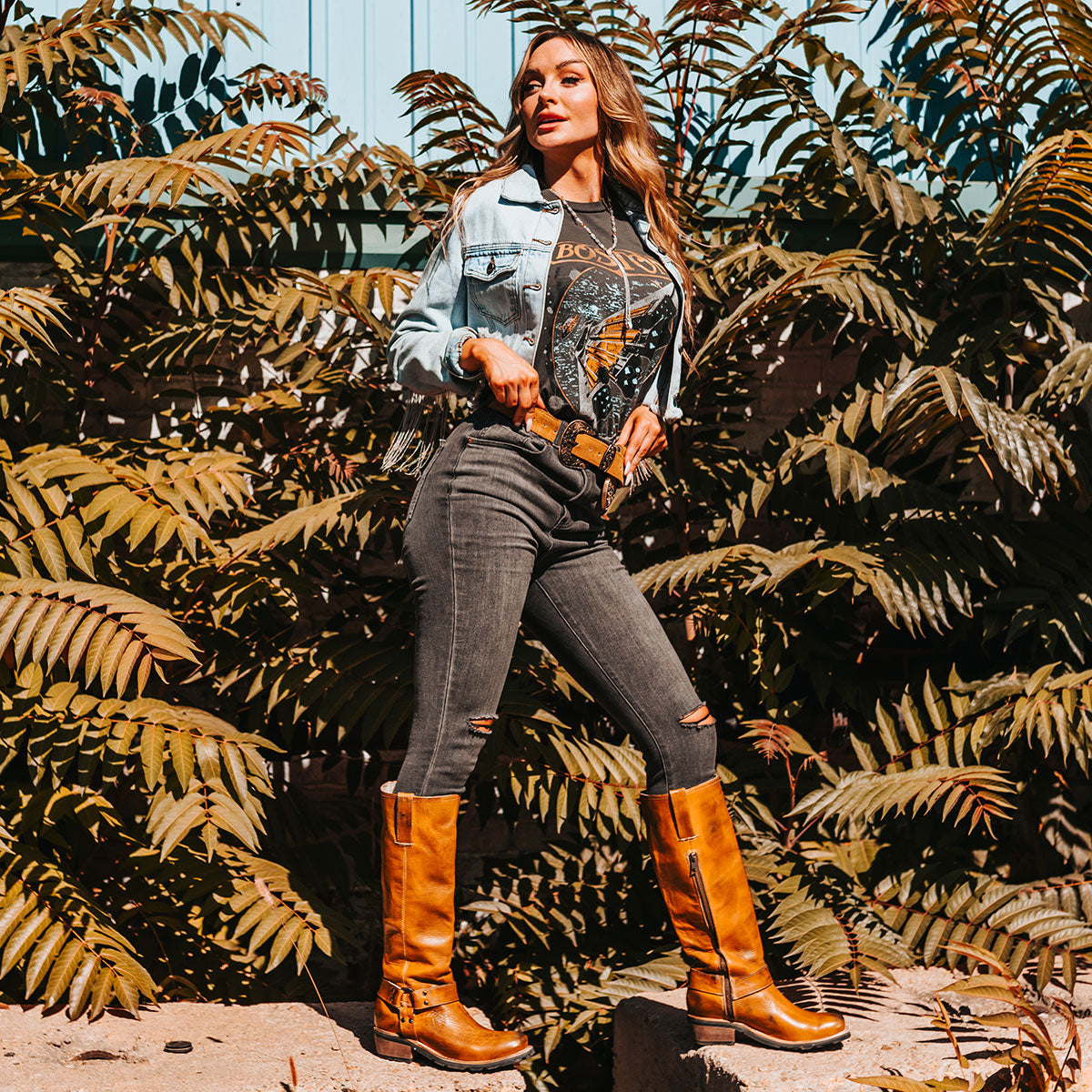 FREEBIRD women's Wagner wheat rubber tire tread ankle harness tall moto boot lifestyle