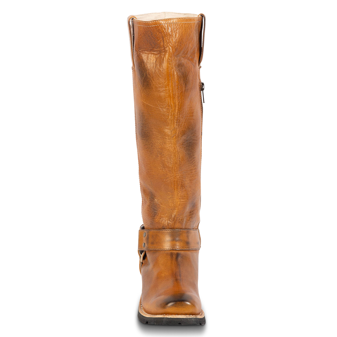 Front view showing leather ankle harness on FREEBIRD women's Wagner wheat tall moto boot