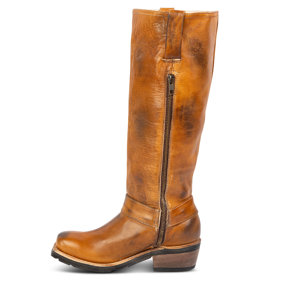 Inside view showing inside zipper closure on FREEBIRD women's Wagner wheat tall moto boot