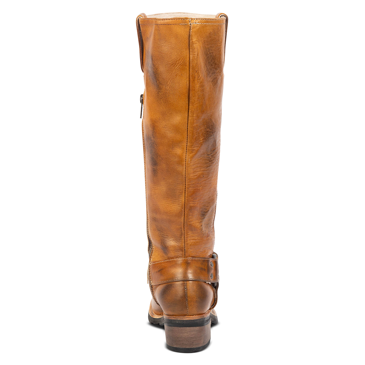 Back view showing low heel on FREEBIRD women's Wagner wheat tall moto boot