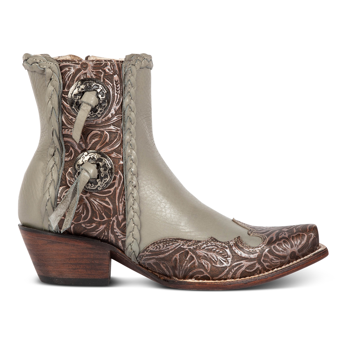 FREEBIRD women's WAGON grey tooled leather western bootie featuring a snip toe, tooled leather, and medium heel 