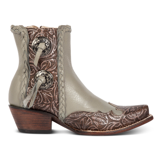 FREEBIRD women's WAGON grey tooled leather western bootie featuring a snip toe, tooled leather, and medium heel 