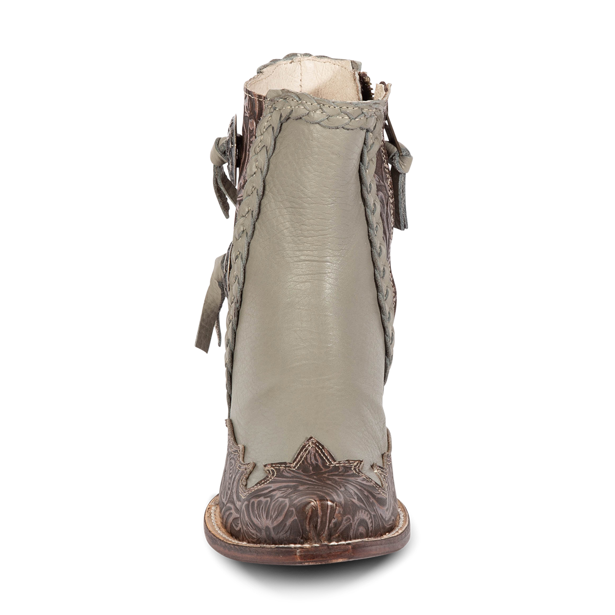 Front view showing FREEBIRD women's WAGON grey leather bootie with braided detailing and tooled leather 