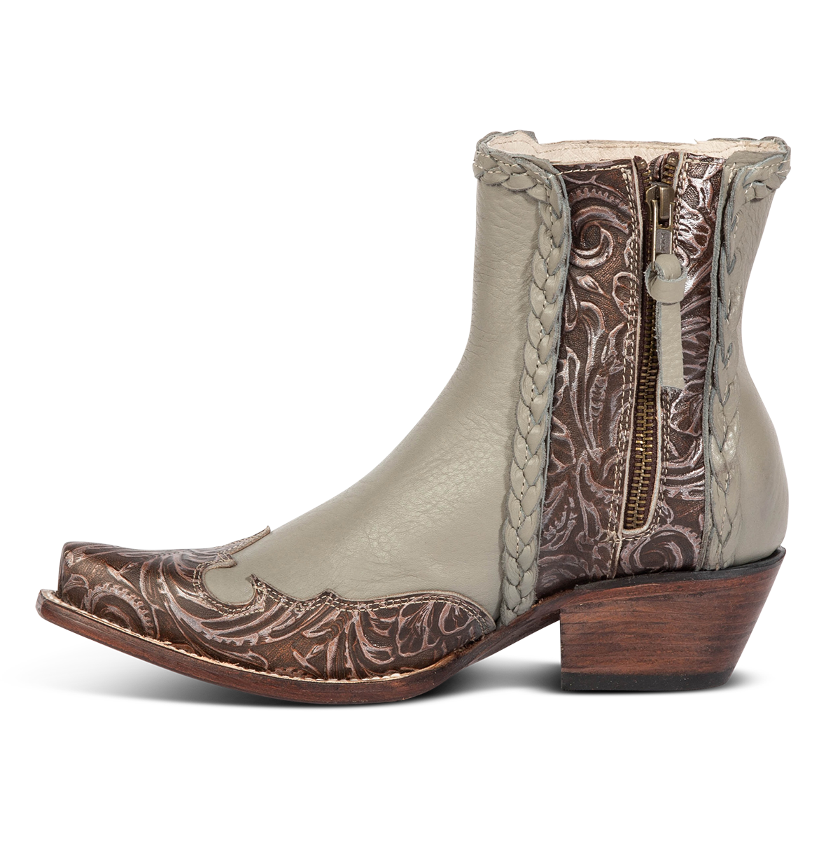 Inside view showing FREEBIRD women's WAGON grey tooled leather western bootie featuring a snip toe, tooled leather, and inside zipper