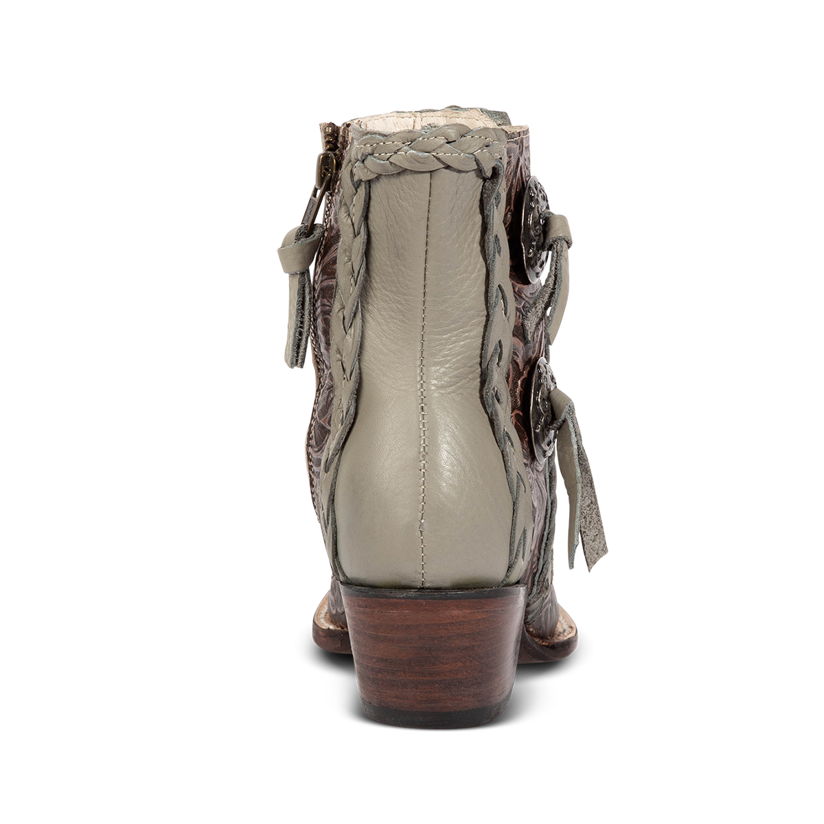 Back view showing FREEBIRD women's WAGON grey tooled leather western bootie on a mid sized heel and braided detailing 