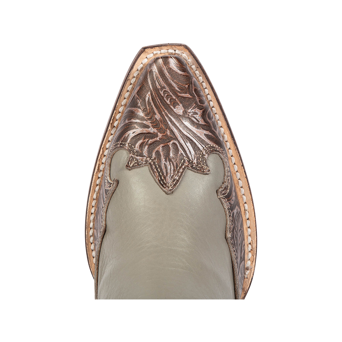 Top view showing tooled leather detailing on Freebird women's WAGON grey leather bootie