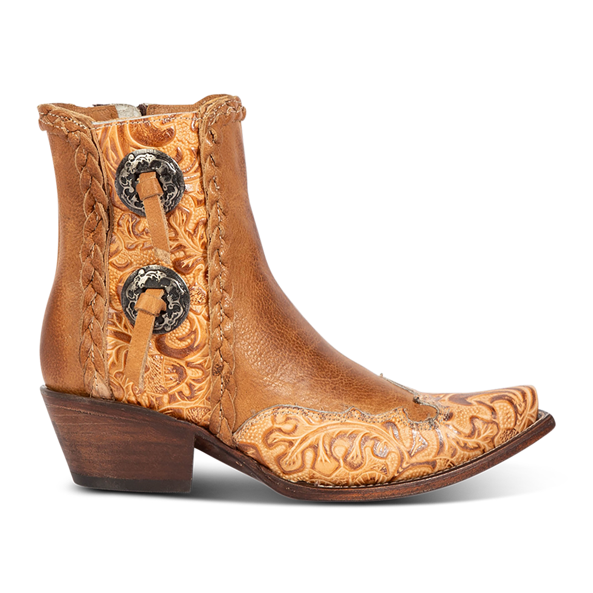 FREEBIRD women's WAGON honey tooled leather western bootie featuring a snip toe, tooled leather, and medium heel 
