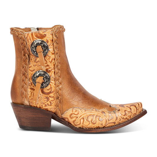 FREEBIRD women's WAGON honey tooled leather western bootie featuring a snip toe, tooled leather, and medium heel 