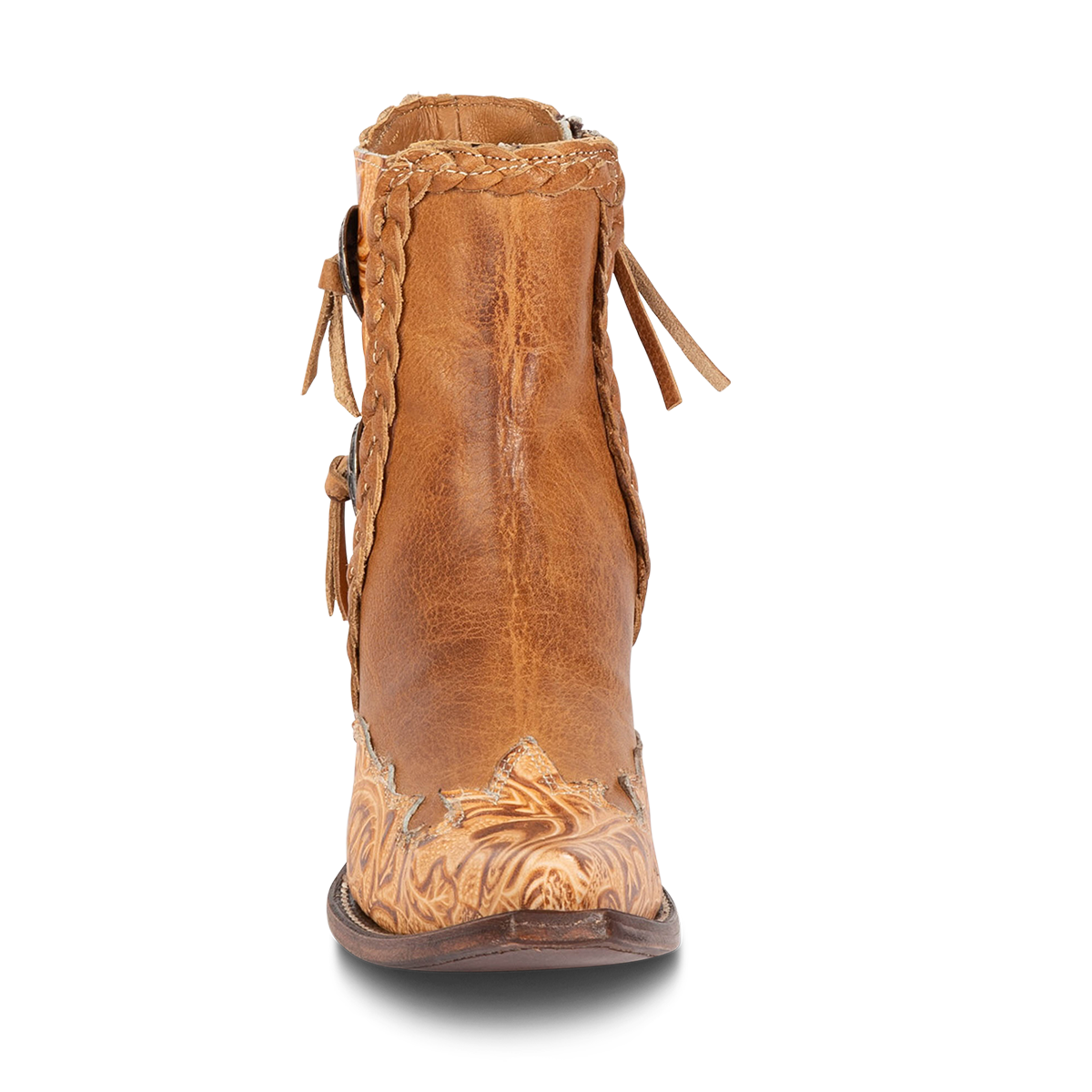 Front view showing FREEBIRD women's WAGON honey leather bootie with braided detailing and tooled leather 