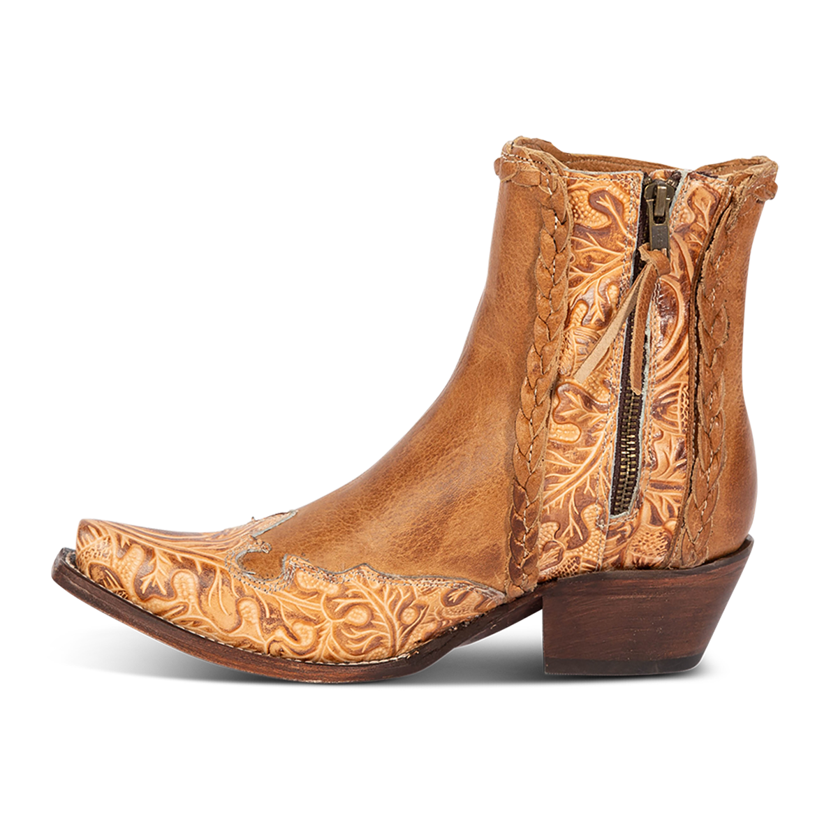 Inside view showing FREEBIRD women's WAGON honey tooled leather western bootie featuring a snip toe, tooled leather, and inside zipper