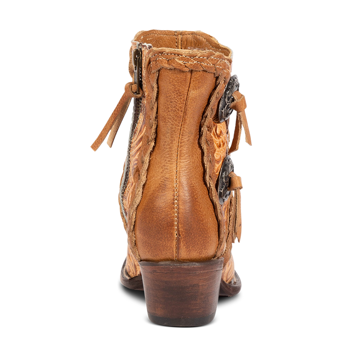 Back view showing FREEBIRD women's WAGON honey tooled leather western bootie featuring a medium heel and braided accents